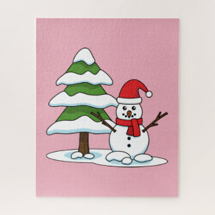 Snowman met Snowy Pine Tree Legpuzzel