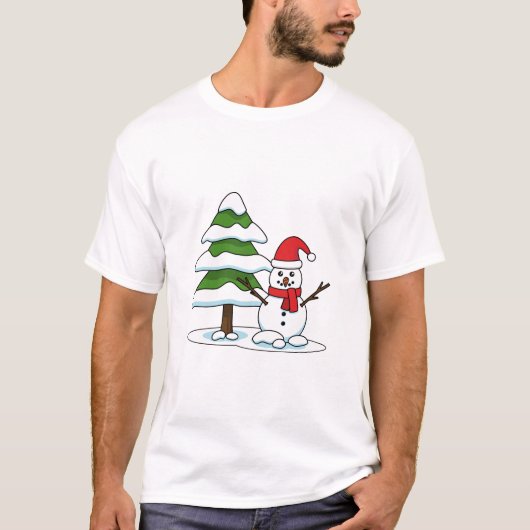 Snowman met Snowy Pine Tree T-shirt (Voorkant)