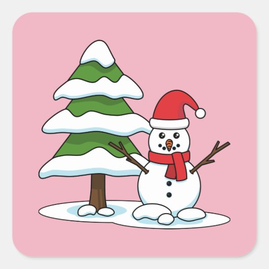 Snowman met Snowy Pine Tree Vierkante Sticker (Voorkant)