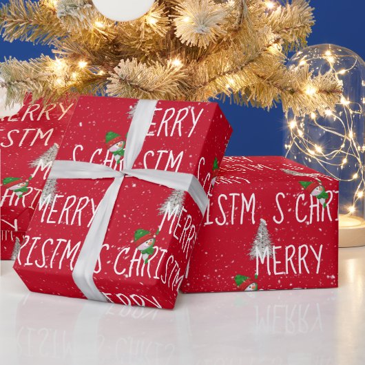 Snowman met vrolijk kerstfeest en boom in Snowflak Cadeaupapier (Feestdagen)