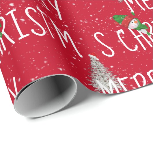 Snowman met vrolijk kerstfeest en boom in Snowflak Cadeaupapier (Rol Hoek)