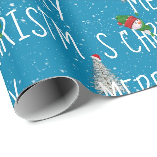 Snowman met vrolijk kerstfeest en boom in Snowflak Cadeaupapier (Rol Hoek)