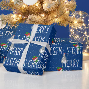 Snowman met vrolijk kerstfeest en boom in Snowflak Cadeaupapier