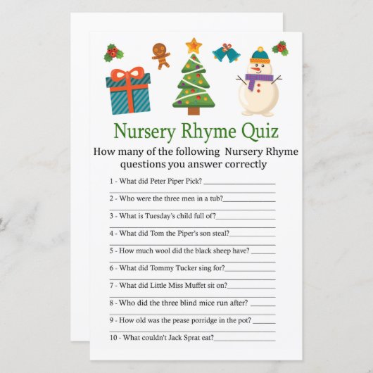 Snowman Nursery Rhyme Quiz baby shower game (Voorkant / Achterkant)