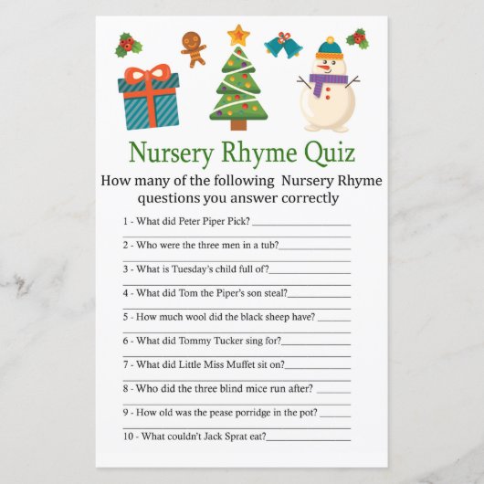 Snowman Nursery Rhyme Quiz baby shower game (Voorkant)