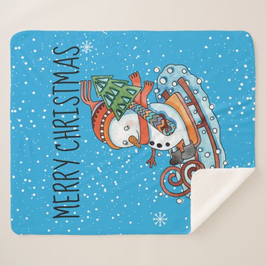 Snowman op een Sled Fleece Sherpa Blanket Sherpa Deken (Voorkant (horizontaal))