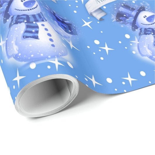 Snowman op Frosty Blue Pattern Cadeaupapier (Rol Hoek)
