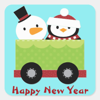 Snowman Penguin Trein Auto Kerstmis Vierkante Sticker