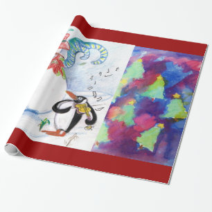SNOWMAN, PENGUIN'S SERENADE EN COLORFUL XMAS TREES CADEAUPAPIER