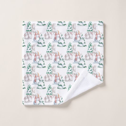 Snowman Rabbits Trees Snow Waterverf Kerstmis Bad Handdoek (Wasdoekje)