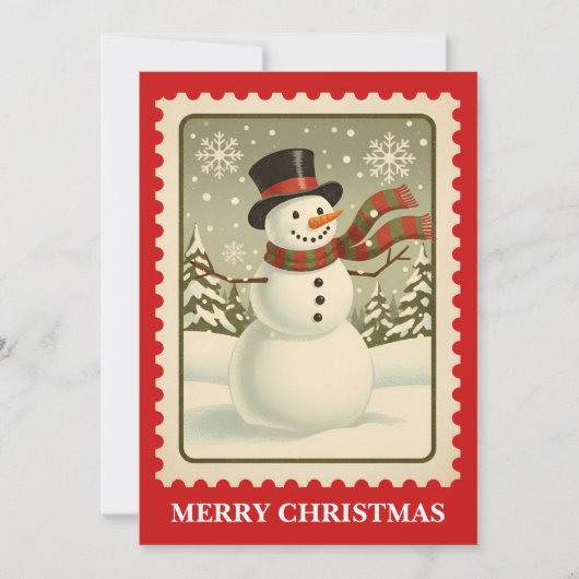 Snowman | Retro Postzegel Kerst Kaart (Voorkant)