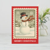 Snowman | Retro Postzegel Kerst Kaart (Staand voorkant)