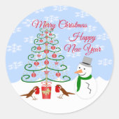 Snowman Robins kerst Klassic Round Sticker (Voorkant)