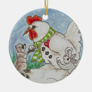Snowman Rooster, Raccoon en Bunny Wildlife Art Keramisch Ornament