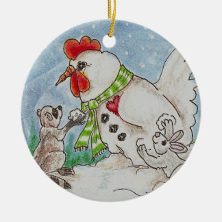 Snowman Rooster, Raccoon en Bunny Wildlife Art Keramisch Ornament