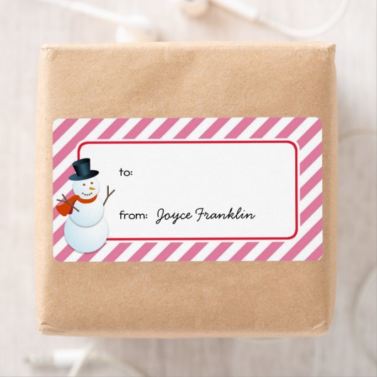 Snowman roze strepen op maat van geschenkend label (Insitu)