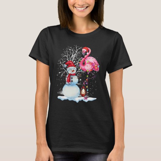 Snowman Santa Hat Flamingo T-shirt (Voorkant)