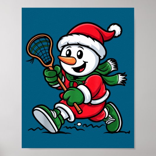 Snowman Santa Hat Playing Lacrosse Christmas Playe Poster (Voorkant)