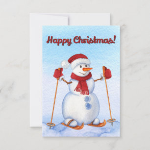 Snowman Skiing Waterverf Kerstwinter Kaart