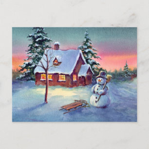 SNOWMAN & SLED by SHARON SHARPE Briefkaart