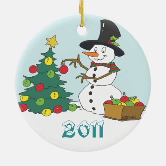 Snowman Trimming Tree Keramisch Ornament (Achterkant)