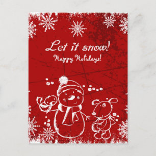 Snowman, vogel en hond over de rode achtergrond briefkaart