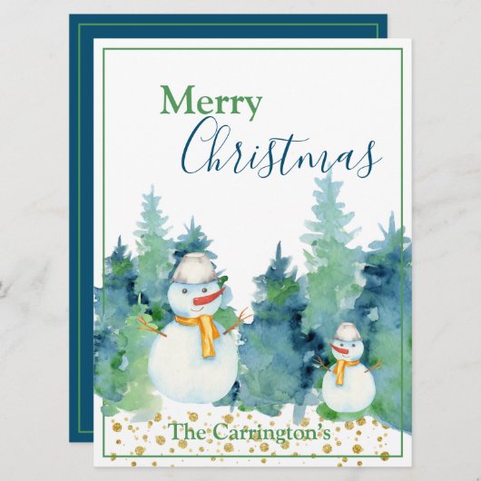 Snowman Waterverf Trees Merry Kerstfeestdag (Voorkant / Achterkant)