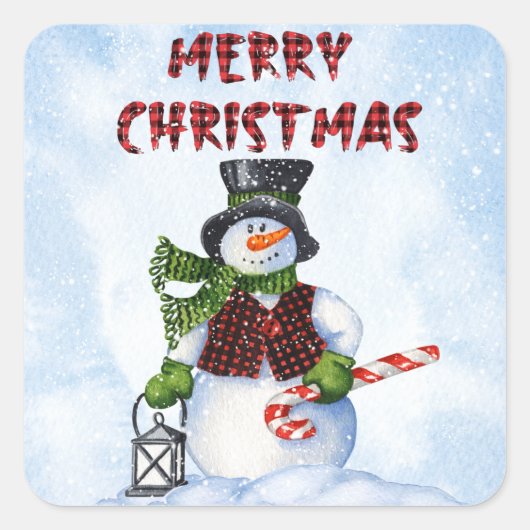 Snowman Waterverf Winter Kerstmis Vierkante Sticker (Voorkant)