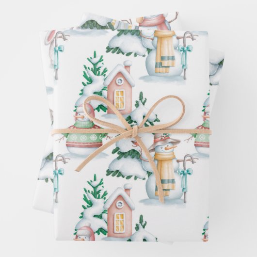 Snowman White Rabbit Trees Waterverf Kerstmis Inpakpapier Vel (In situ)