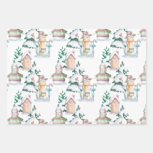 Snowman White Rabbit Trees Waterverf Kerstmis Inpakpapier Vel (Voorkant)