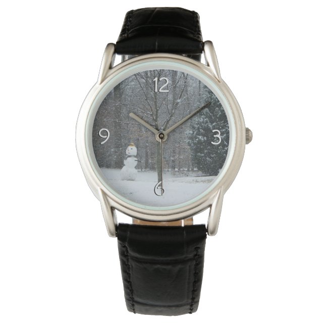 Snowman Winter Sneeuwscene van de buren Horloge (Voorkant)