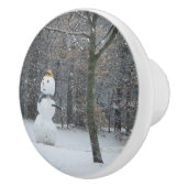 Snowman Winter Sneeuwscene van de buren Keramische Knop (Rechts)