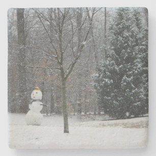 Snowman Winter Sneeuwscene van de buren Stenen Onderzetter