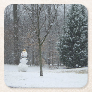 Snowman Winter Sneeuwscene van de buren Vierkante Kartonnen Onderzetter