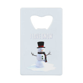 Snowman with hat and scarf. I Love Snow Kredietkaart Flessenopener