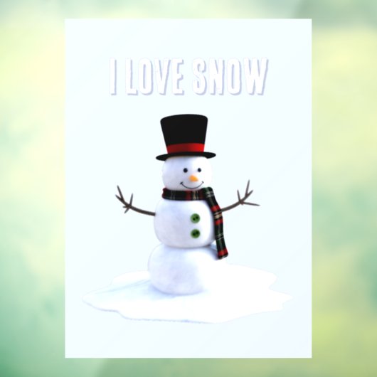 Snowman with hat and scarf. I Love Snow Raamsticker (Vel 3)
