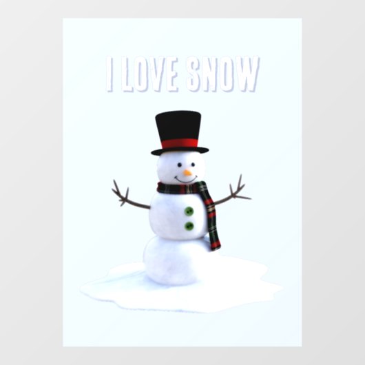 Snowman with hat and scarf. I Love Snow Raamsticker (Vel)