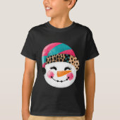 Snowman With Santa Hat And Leopard Pattern T-shirt (Voorkant)