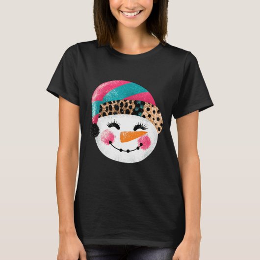 Snowman With Santa Hat And Leopard Pattern  T-shirt (Voorkant)