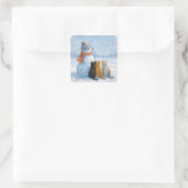 Snowman With Three Cats In a Snowy Field Vierkante Sticker (Tas)