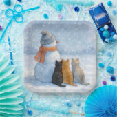 Snowmen and Cats In a Snowy Field Papieren Bordje (Feest)