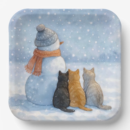 Snowmen and Cats In a Snowy Field Papieren Bordje (Voorkant)