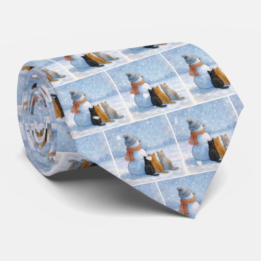 Snowmen and Cats In a Snowy Field Stropdas (Opgerold)