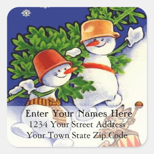 Snowmen Avec Arbre De Noël Étiquette de adresse Vi (Devant)