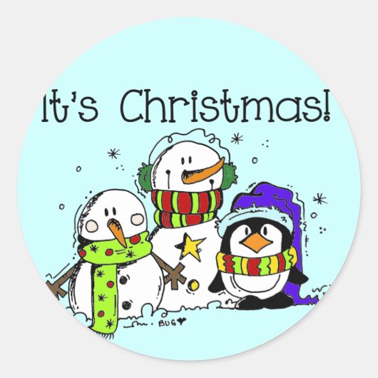 Snowmen en pinguïns Het is Kerstmis Ronde Sticker (Voorkant)
