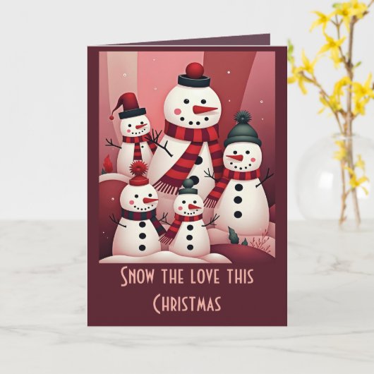 Snowmen In A Sweet Kitschy Christmas Pink Theme Kaart (Gele Bloem)
