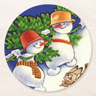 Snowmen kerstboom drumming konijn ronde kartonnen onderzetter