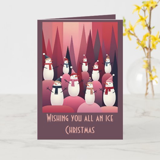 Snowmen Pink Theme Design Kitschy Christmas Kaart (Gele Bloem)