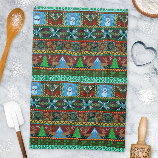 Snowmen Reindeer Winter Pattern van rond Kerstmis Theedoek