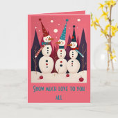 Snowmen Three Ice Men Pink Theme Kitschmas Kaart (Gele Bloem)